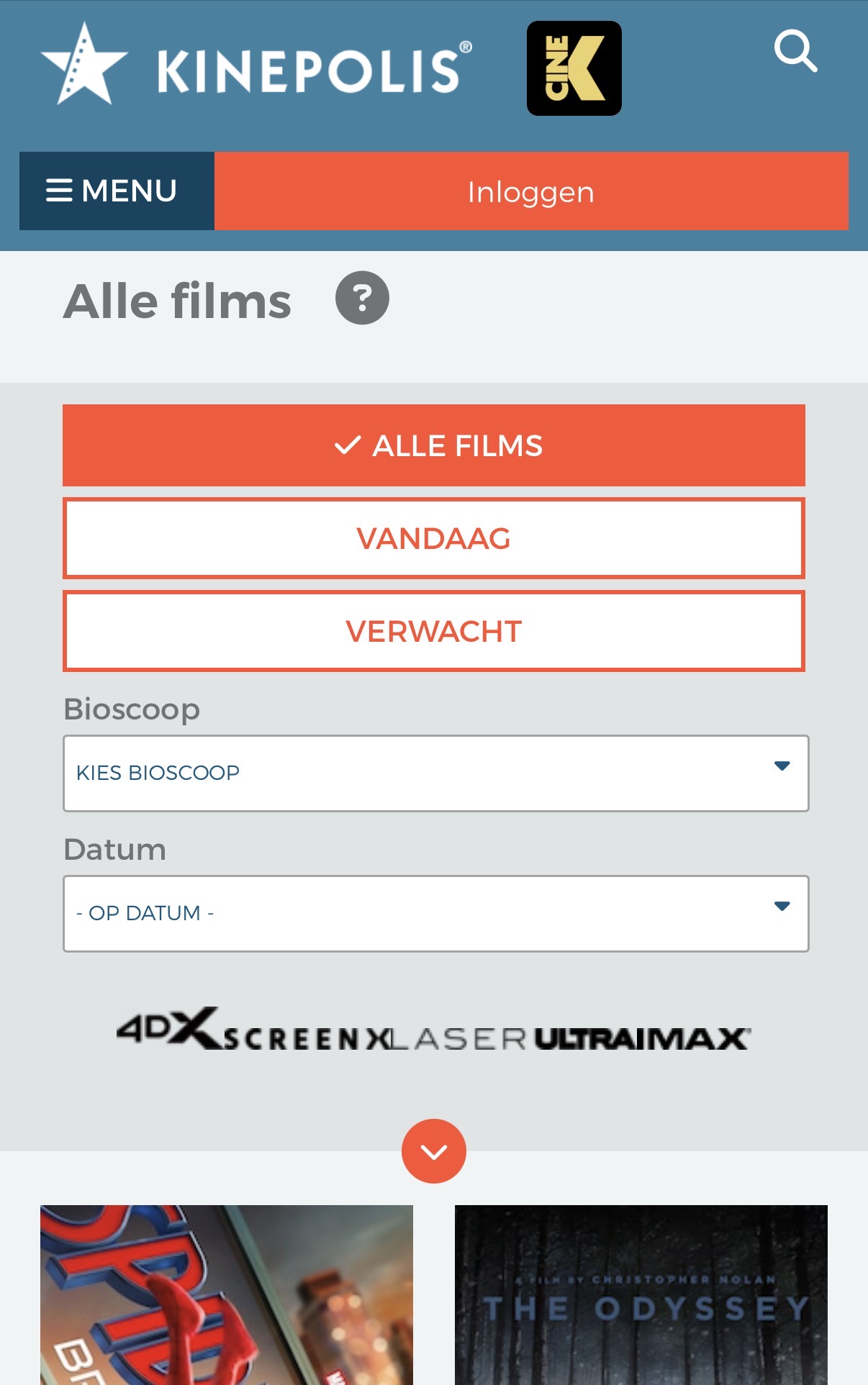 Pagina « Alle films » op de bioscoopsite met filters voor bioscoop en datum